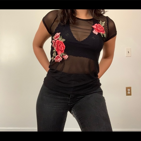 Mesh Top with Embroidered Roses - Picture 5 of 5